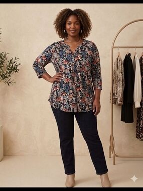 Lucky Brand Navy Floral V-Neck Tunic with Rust & Cream Accents
